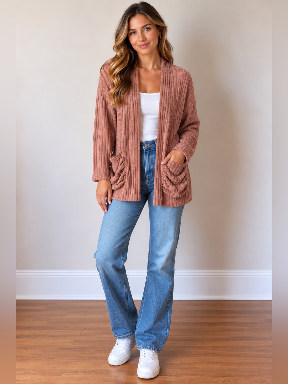 Open-Front Ribbed Cardigan with Pocket Ruching - Dusty Pink